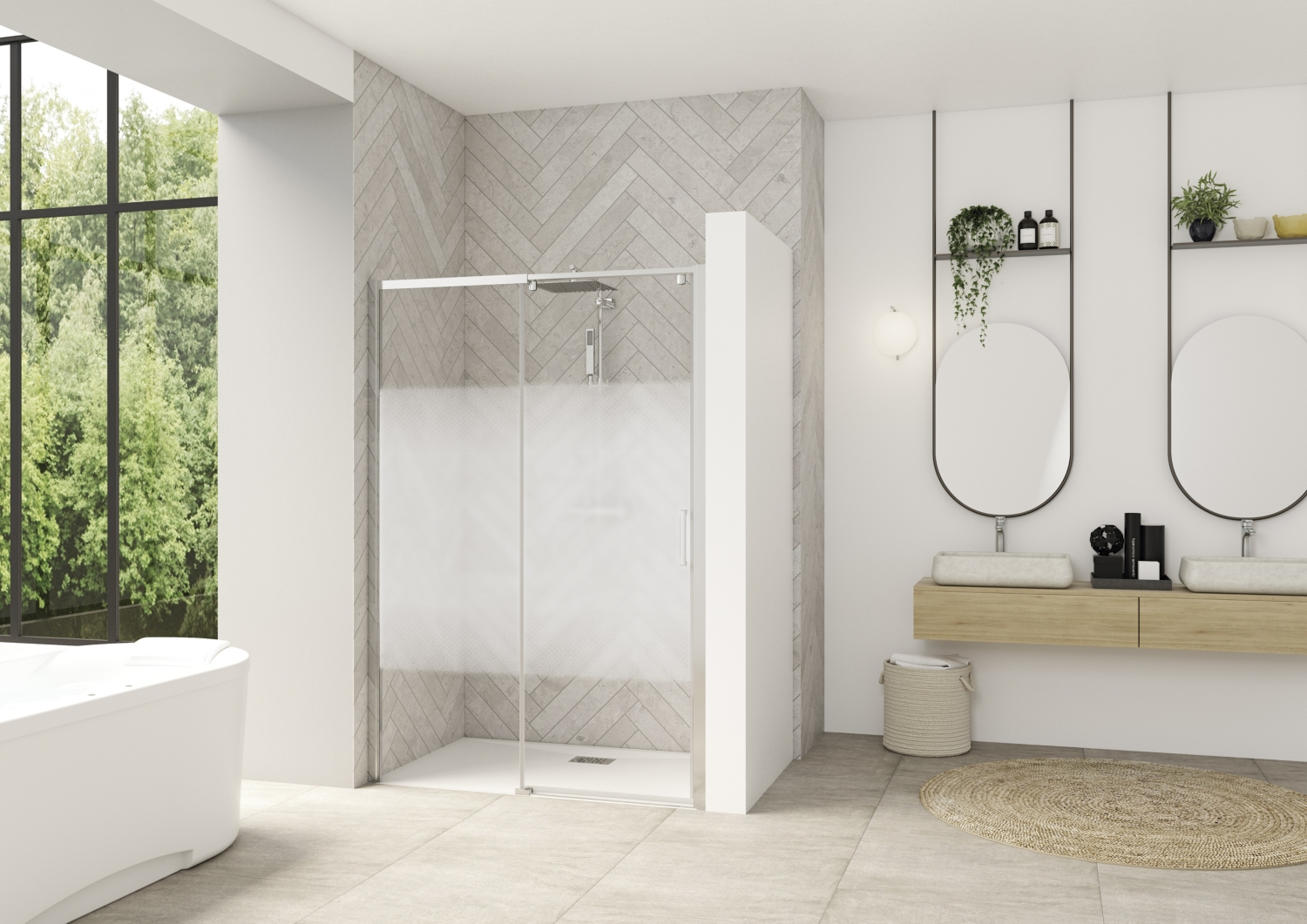 Porte de douche Smart Design C extensible coulissante à droite sans seuil accès de face - Profil chromé verre sérigraphié