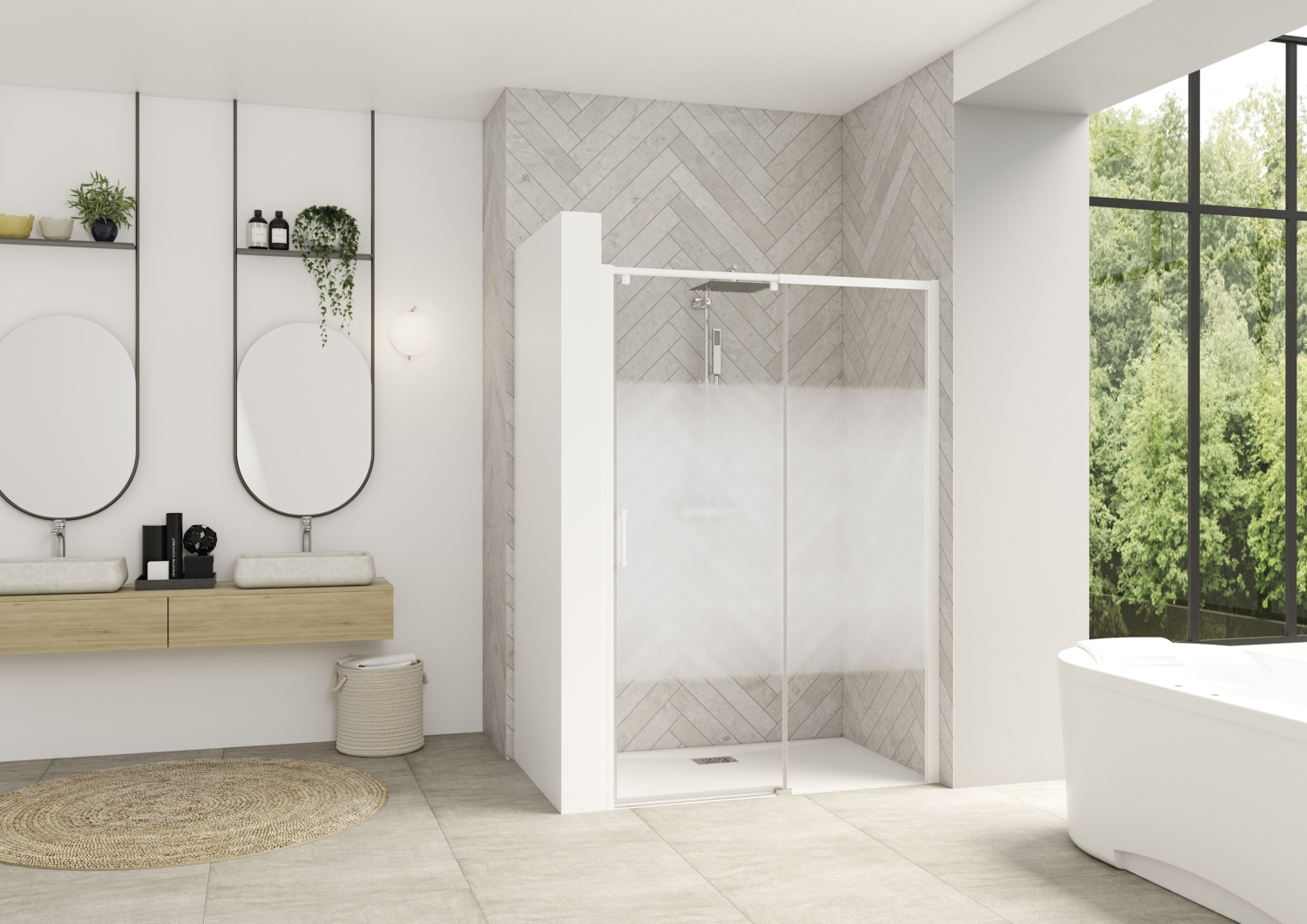 Porte de douche Smart Design C extensible coulissante à gauche sans seuil accès de face - Profil blanc verre sérigraphié