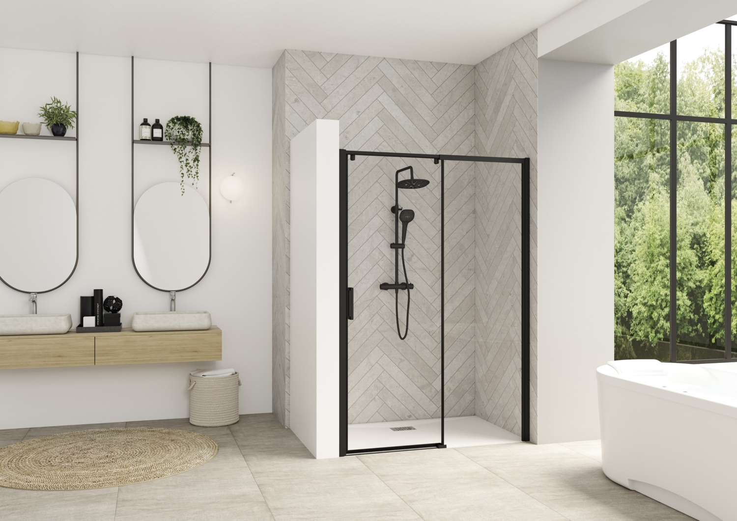 Porte de douche Smart Design C extensible coulissante à gauche sans seuil accès de face - Profil gris noir verre transparent