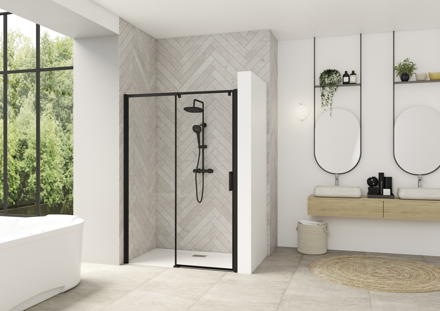 Porte de douche Smart Design C extensible coulissante à droite sans seuil accès de face - Profil gris noir verre transparent