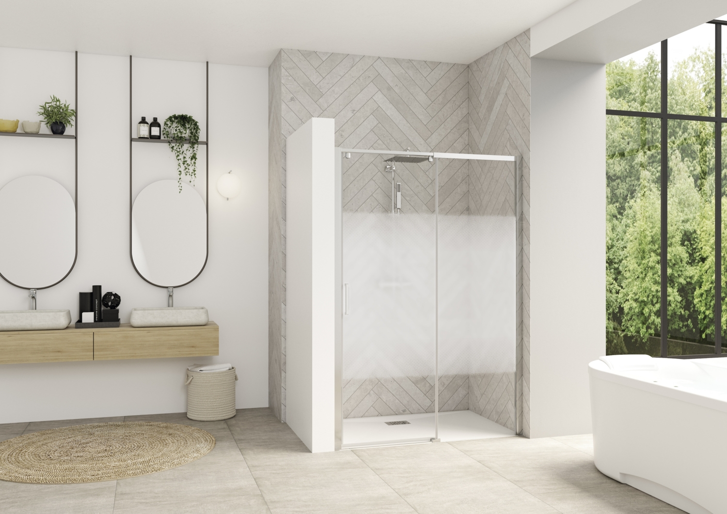 Porte de douche Smart Design C extensible coulissante à gauche sans seuil accès de face - Profil chromé verre sérigraphié