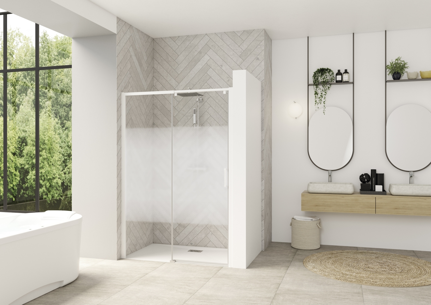 Porte de douche Smart Design C extensible coulissante à droite sans seuil accès de face - Profil blanc verre sérigraphié