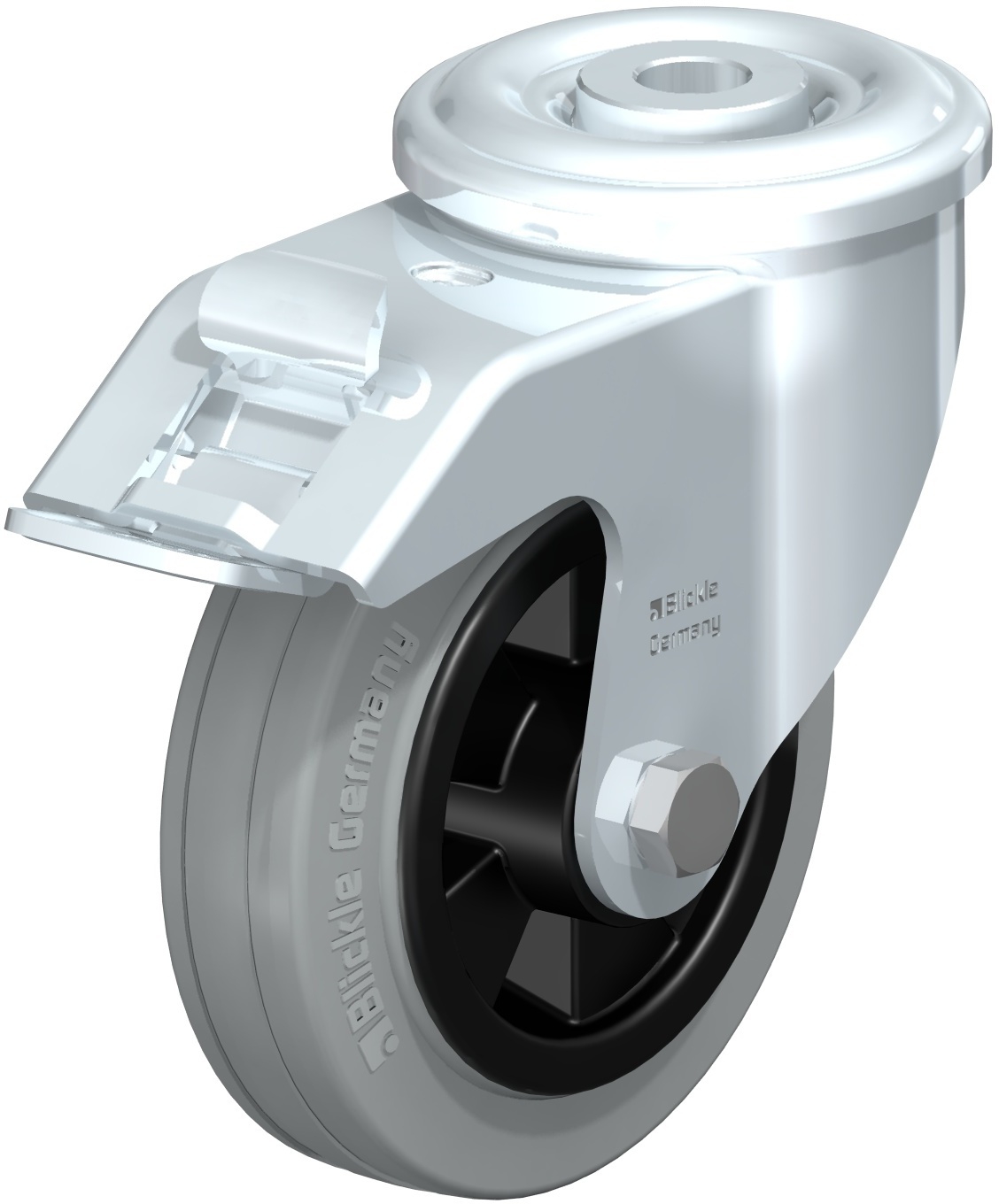 Roulette pivotante LER-VPP à trou central à rouleaux non tachant gris avec frein Stop-fix Blickle