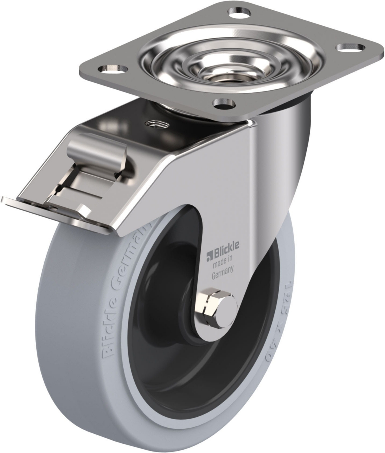 Roulette pivotante LEX-POEV à platine Non tâchant gris Roulement à rouleaux inox Avec frein Stop-fix Blickle