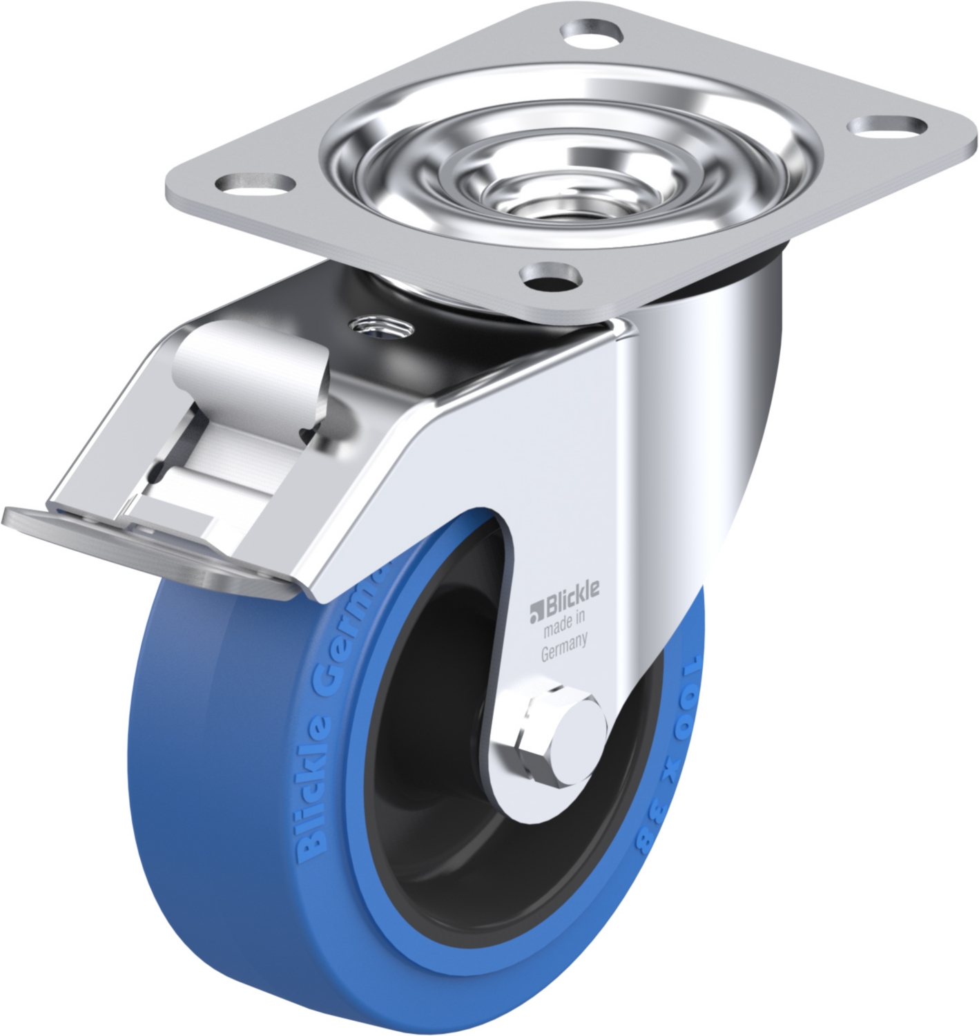 Roulette pivotante LE-POEV à platine Non tachant bleu Moyeu lisse avec frein Stop-fix Blickle