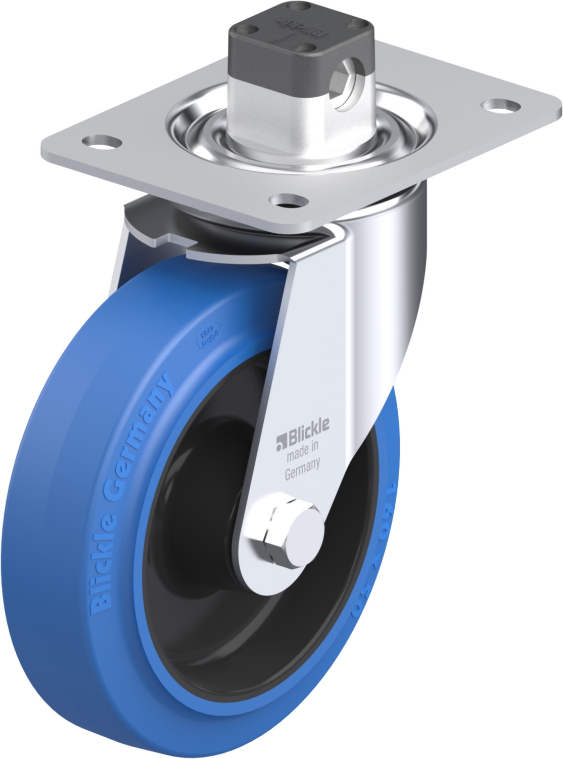 Roulette pivotante LE-POEV à platine à rouleaux non tachant bleu avec frein Central-stop Blickle