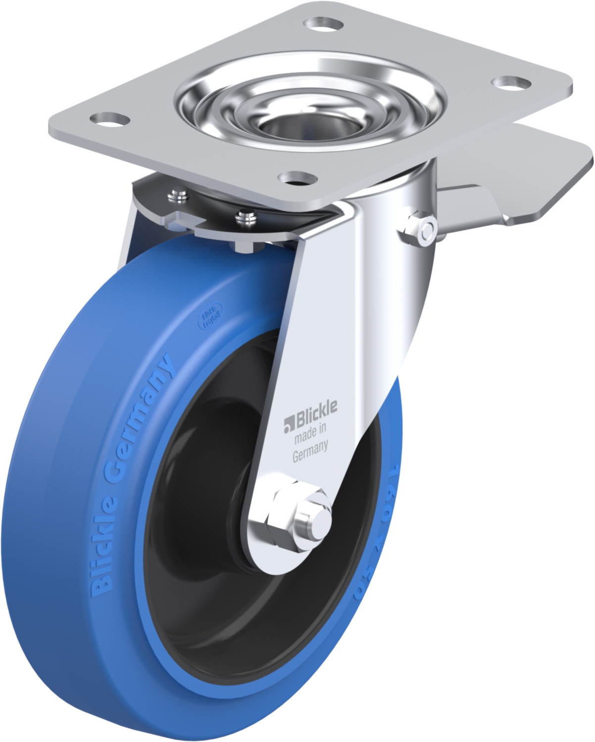 Roulette pivotante LE-POEV à platine à rouleaux non tachant bleu avec frein Stop-top Blickle