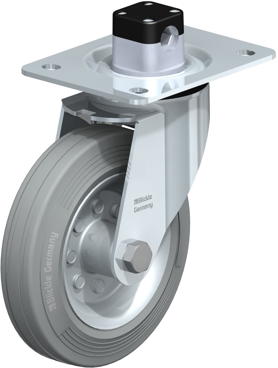 Roulette pivotante LE-VE à platine à rouleaux non tachant gris avec frein Central-stop Blickle