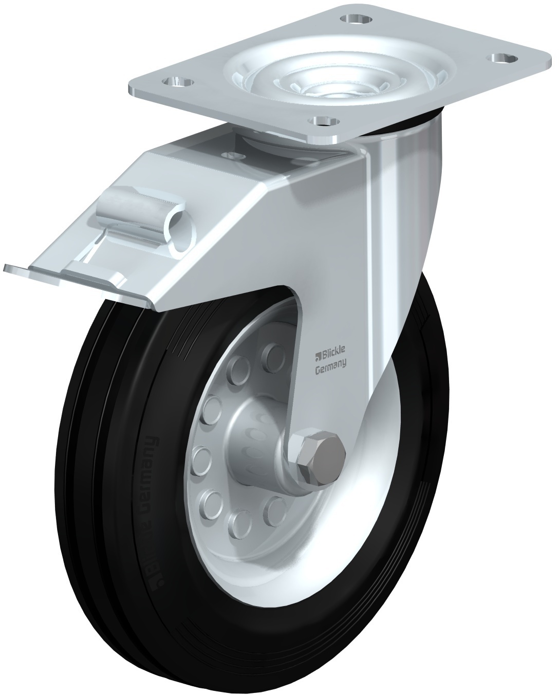 Roulette pivotante avec double frein - en caoutchouc plein - à roulement à  rouleaux - Ø de la roue 200 mm - hauteur totale 235 mm - capacité de charge  205 kg