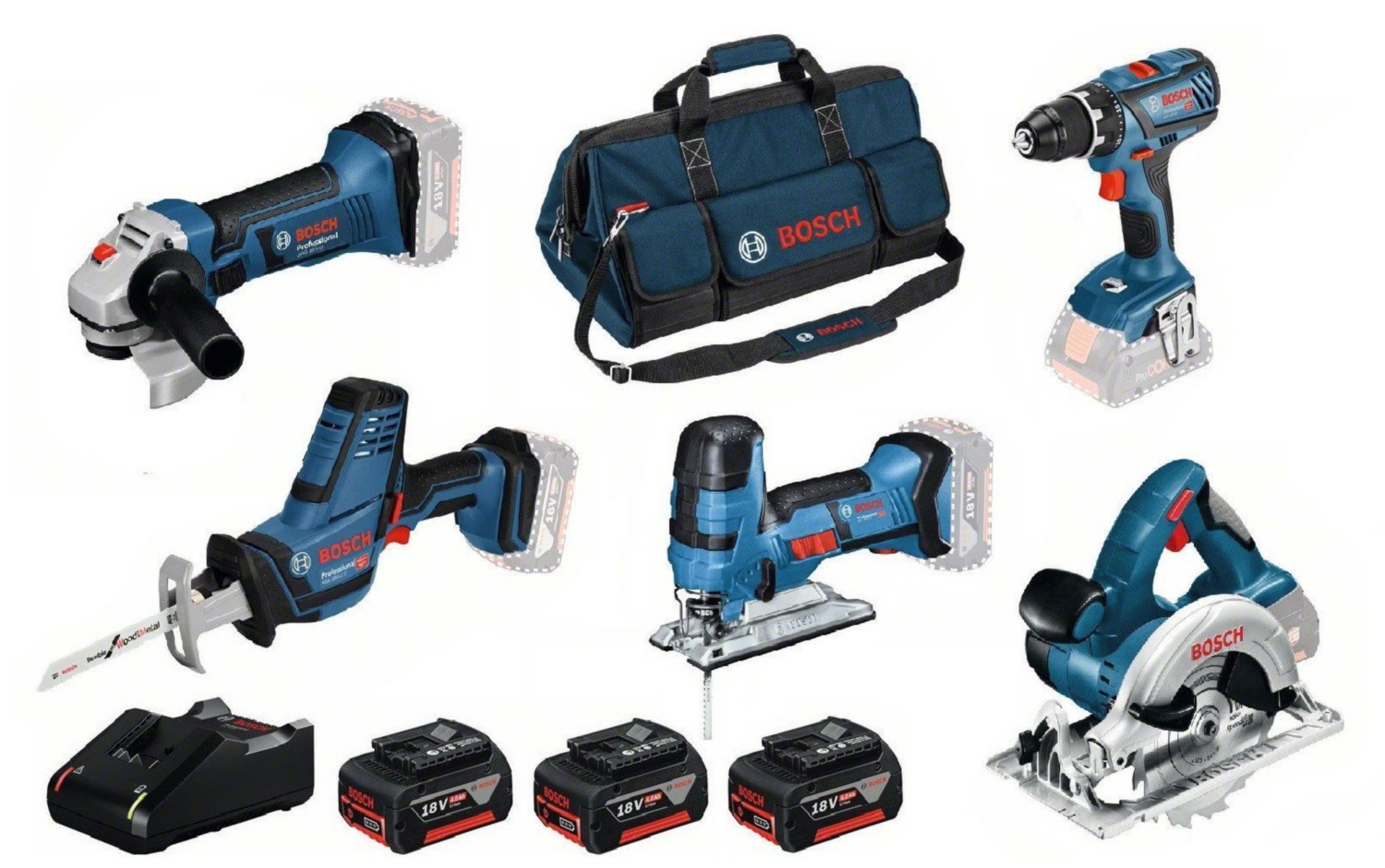 Kit 5 outils 18V GSR/GST/GWS/GKS/GSA + 3x4.0 + Sac Bosch Professional