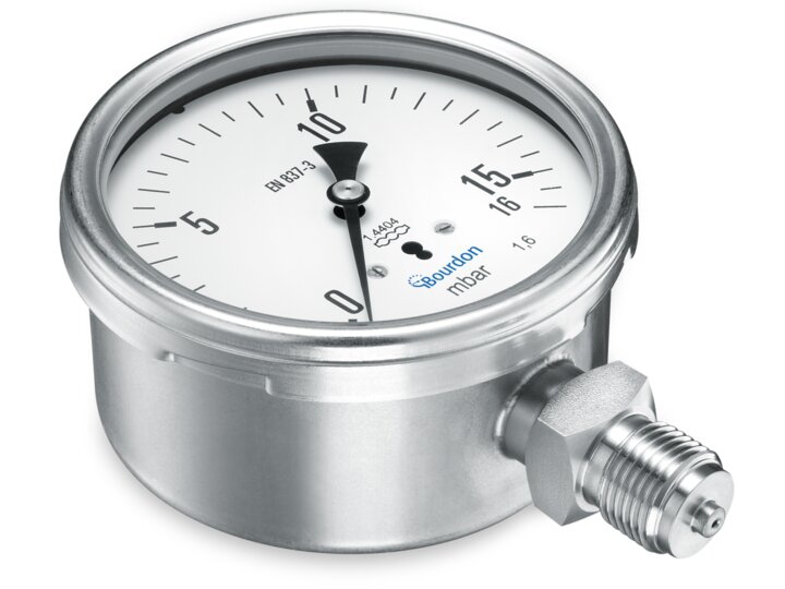 Manomètre sec raccord vertical boitier cylindrique inox série MCX5 Baumer Bourdon