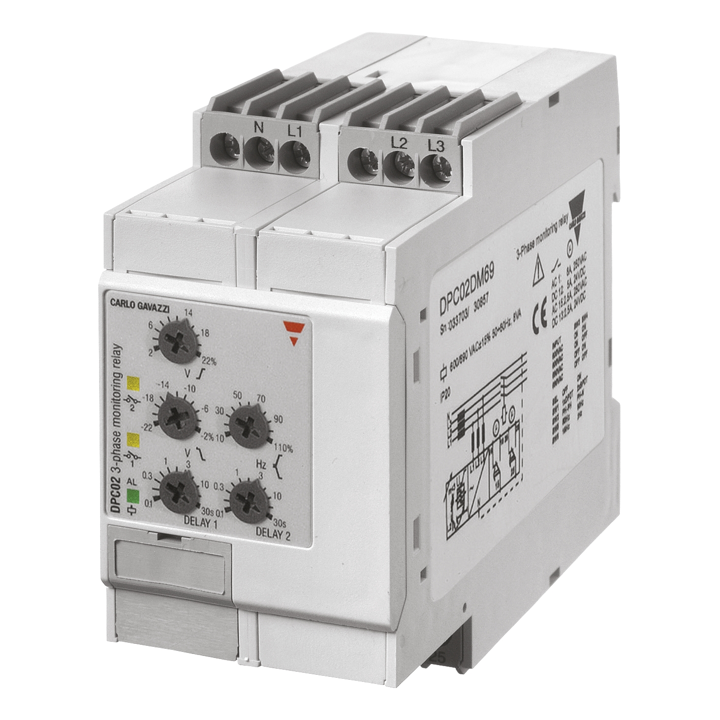 Relais de contrôle triphasée DPC, à vis, Sous et sur tension, fréquence, ordre / perte des phases Carlo Gavazzi