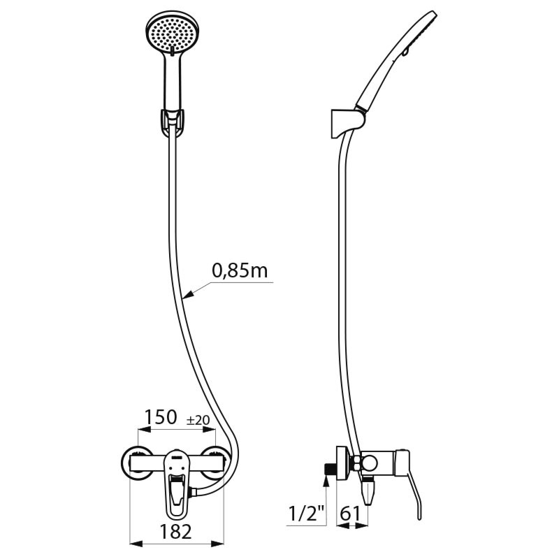 Ensemble de douche avec mitigeur mécanique sans barre Delabie
