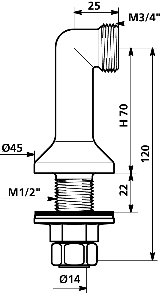 Raccord colonnette à embase fondue H 70 mm mâle 866027.2P Delabie