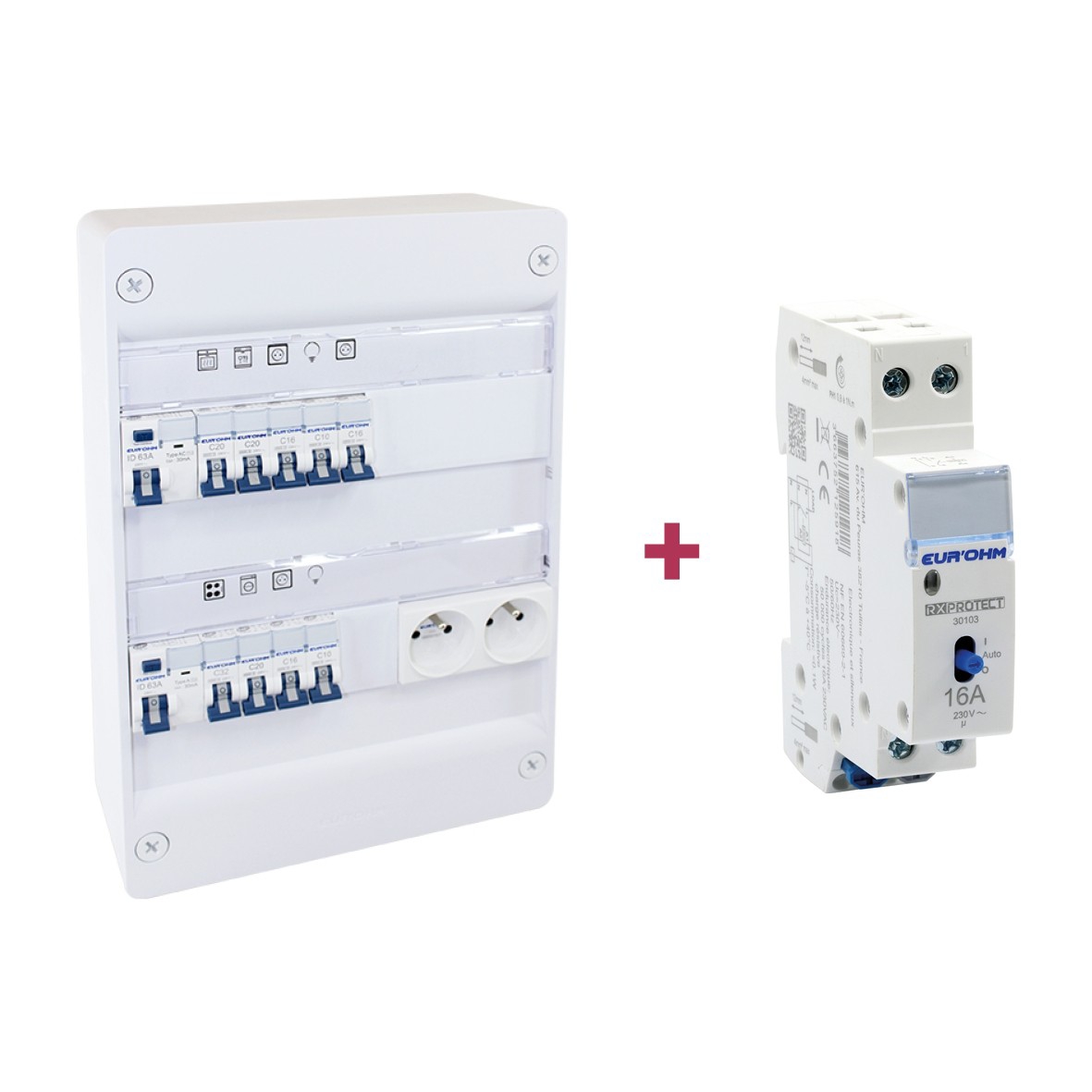 Lot coffret de distribution pré‑équipé RX 2 rangées 13 modules avec contacteur jour/nuit 16A 1P+N 1F