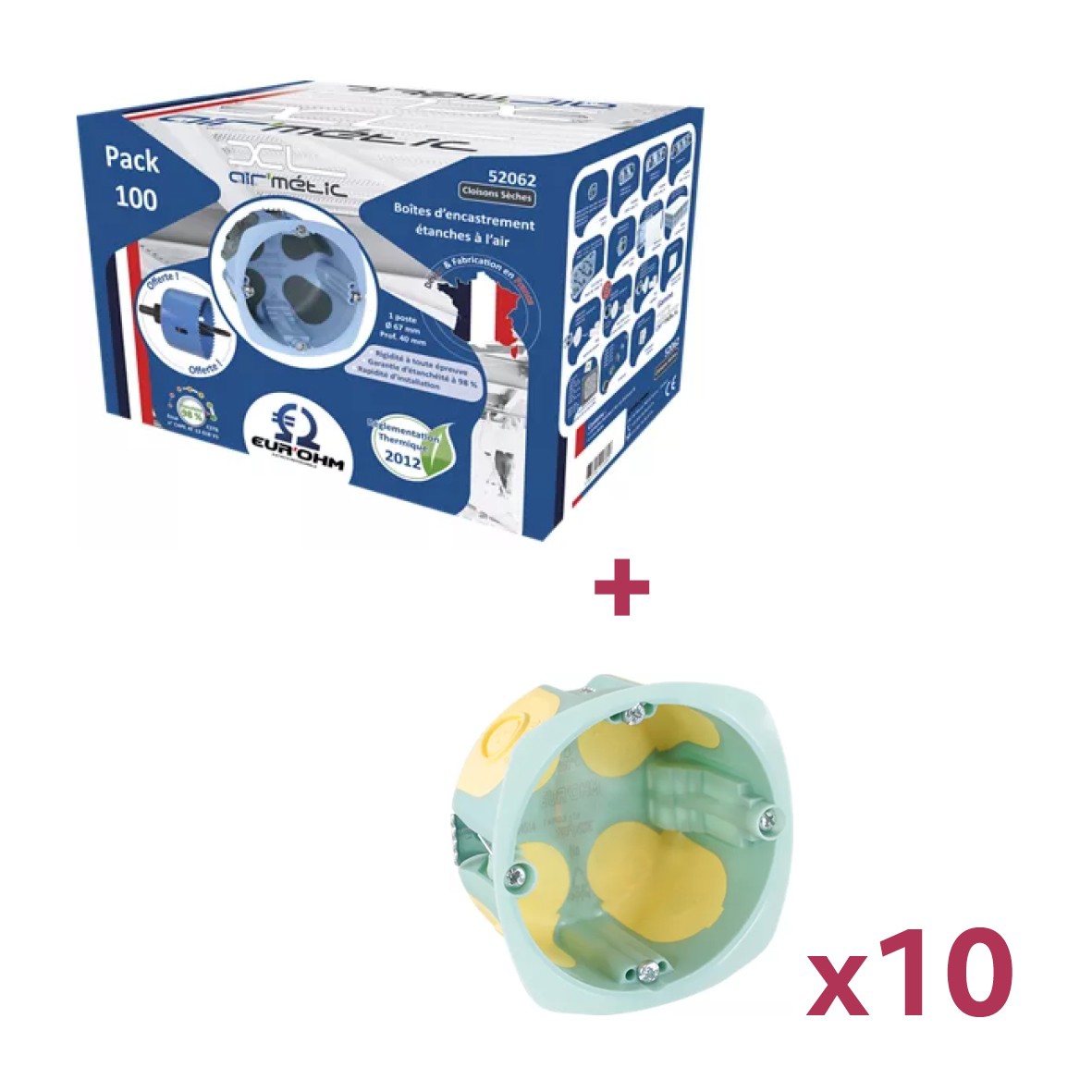 Lot de 100 boîtes cloison sèche BBC Ø67 mm 1 poste P40 mm + 10 Organic Box Air Metic Eur'Ohm