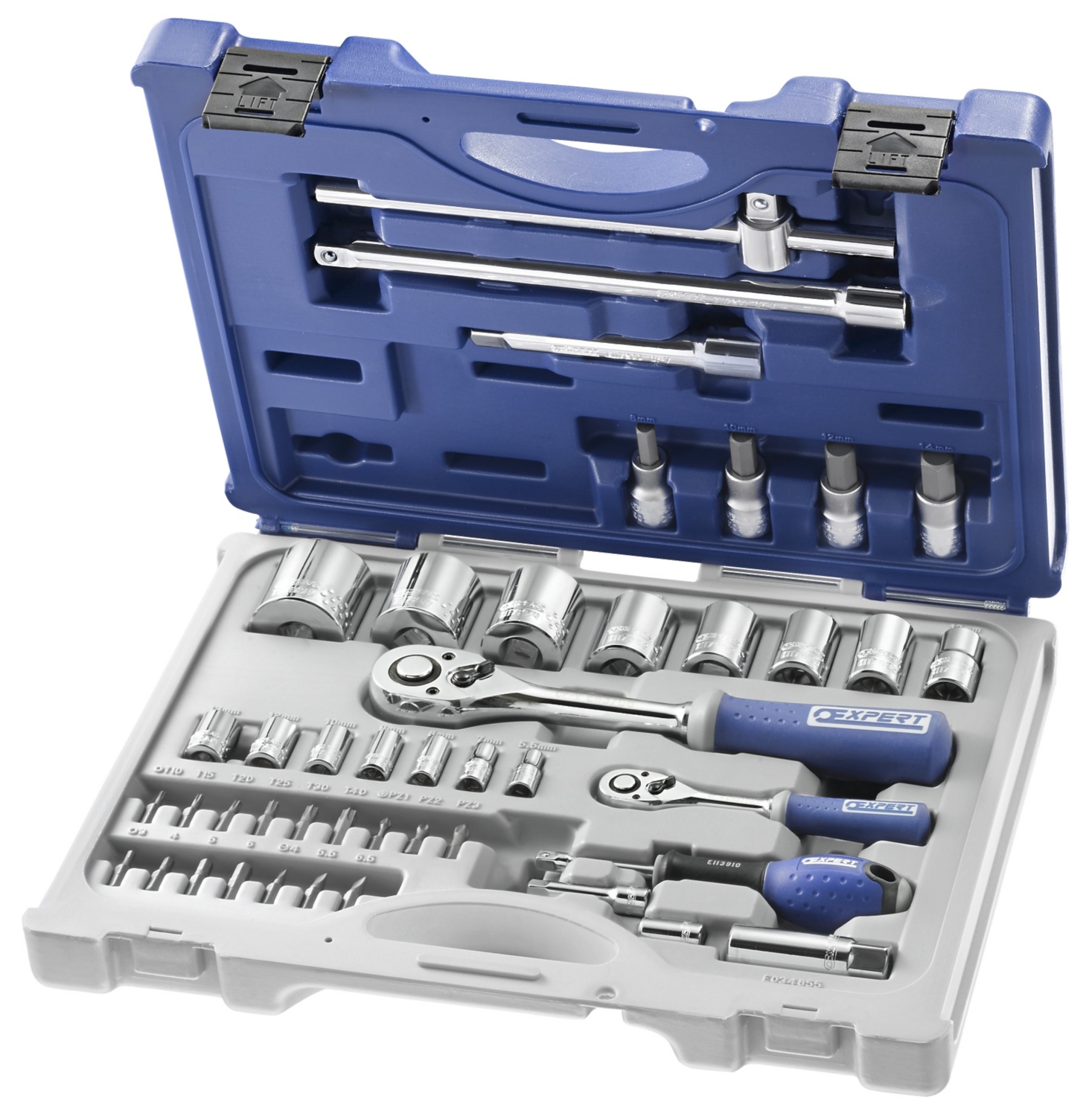  Cliquets, douilles et accessoires en coffret 1/4" et 1/2" métriques 
