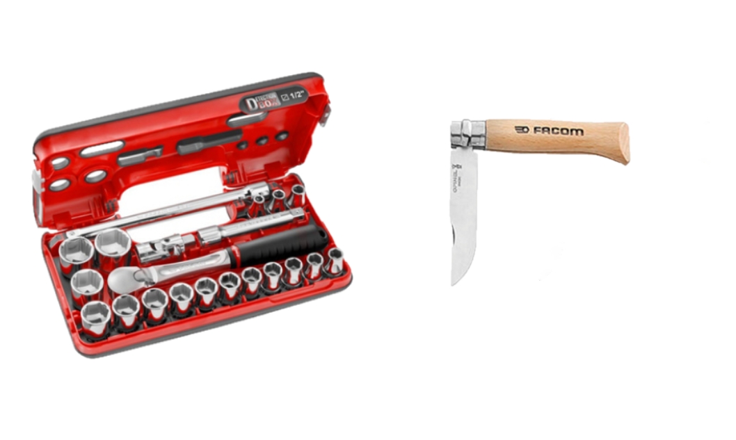 Coffret DBOX 1/2" avec douilles OGV® Grip + couteau Opinel n°8 offert Facom