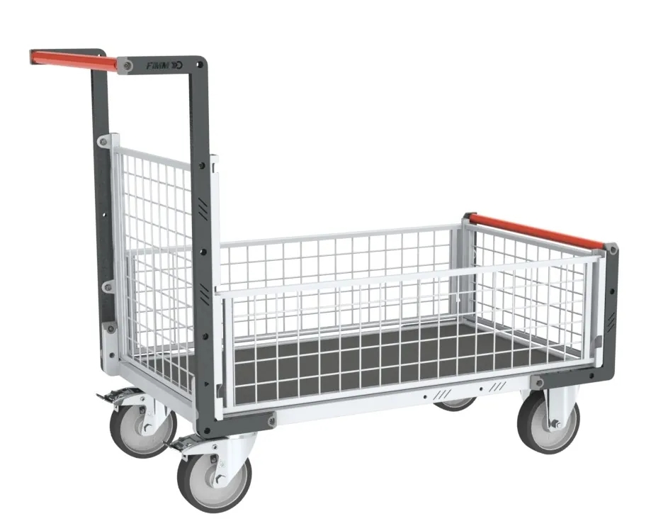 Chariot 1 dossier 3 demi-ridelles modulaire grillagé plateau en bois