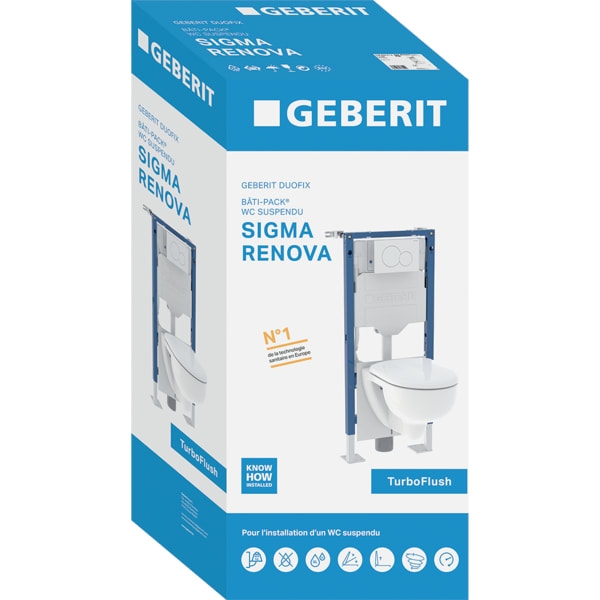 Pack complet bâti-support Duofix avec plaque Sigma01 et Pack cuvette Renova TurboFlush Geberit