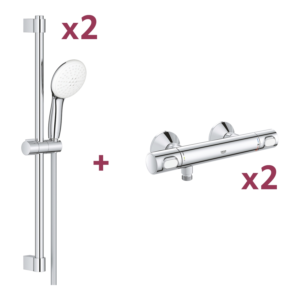 Lot de 2 barres de douche Tempesta 110 + 2 mitigeurs thermostatiques de douche Grotherm 500 C3