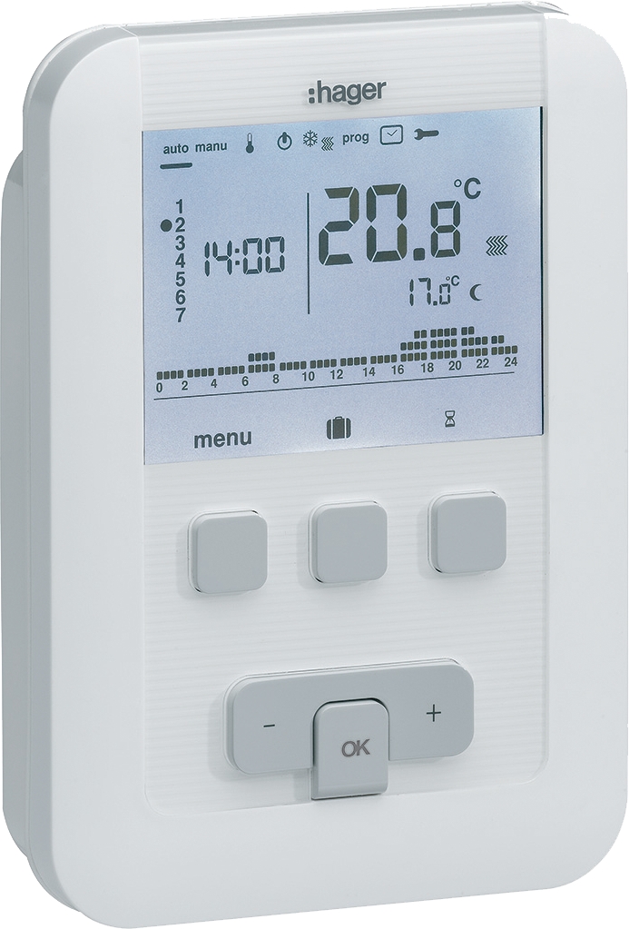 Thermostat ambiance programmable digital chauf eau chaude 4 fils sur 7j 230V Hager