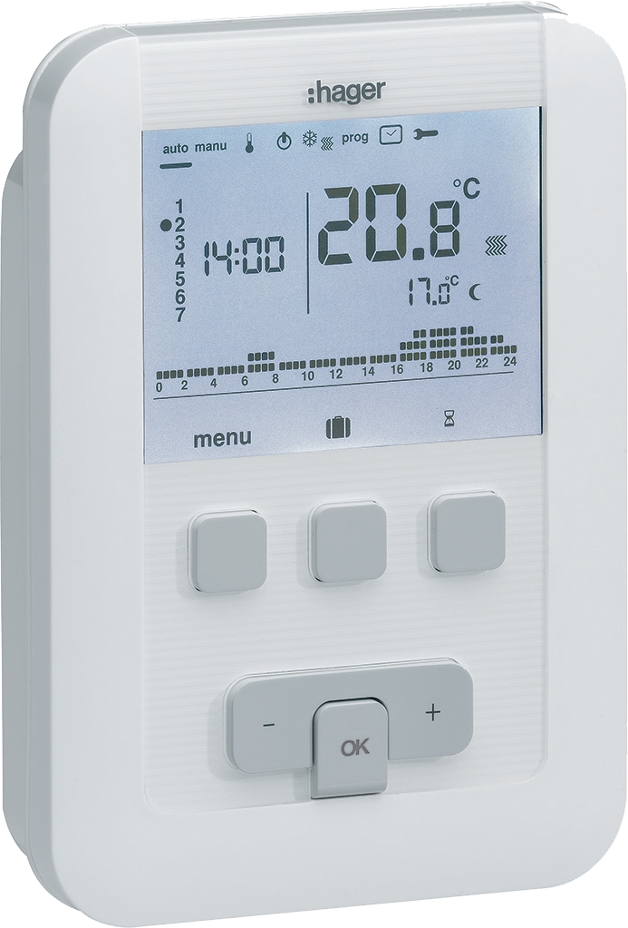 Thermostat ambiance programmable digital chauf eau chaude 4 fils sur 7j 230 V Hager