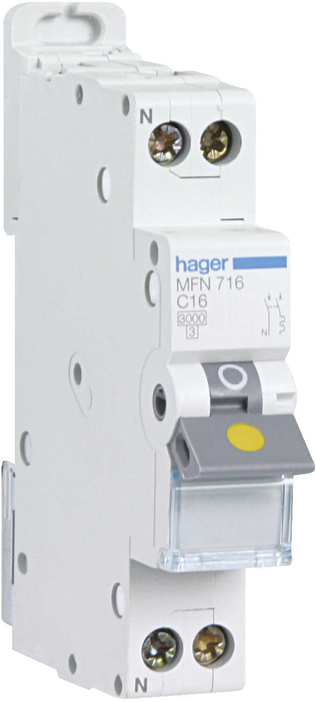Hager - Disjoncteur 1P+N 6-10kA courbe D - 16A 1 module - Réf : NGT716