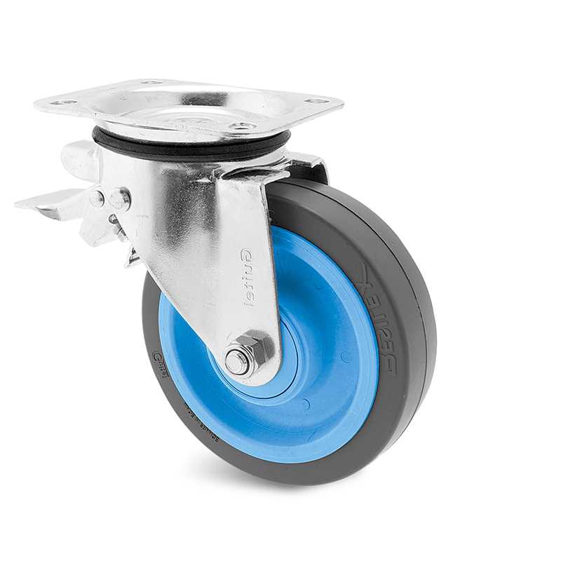 Roulette pivotante E6L-640 à platine non tachant gris pare-fils étanche à billes manutention souple tous sol avec frein stop fix