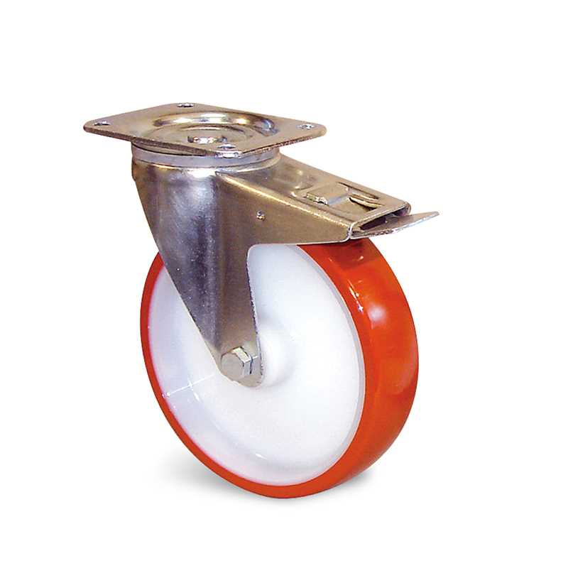 Roulette à platine pivotante à blocage polyuréthane rouge roulement à rouleaux Guitel Hervieu
