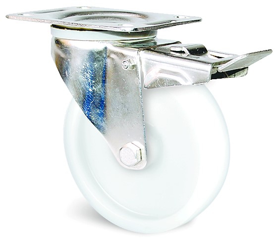 Roulette inox à platine pivotante à blocage polyamide blanc Ø 100 mm 150 kg Guitel Hervieu