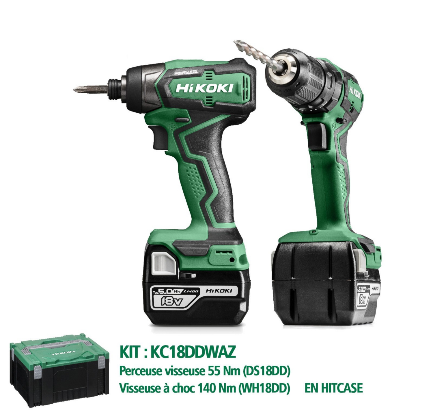 Kit Perceuse visseuse + Visseuse à choc 18V 5,0 Ah Liion Hikoki
