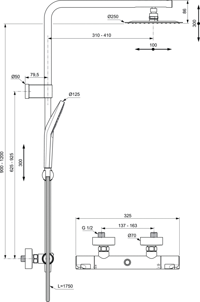 Colonne de douche thermostatique Ceratherm T50 téléscopique Ideal Standard