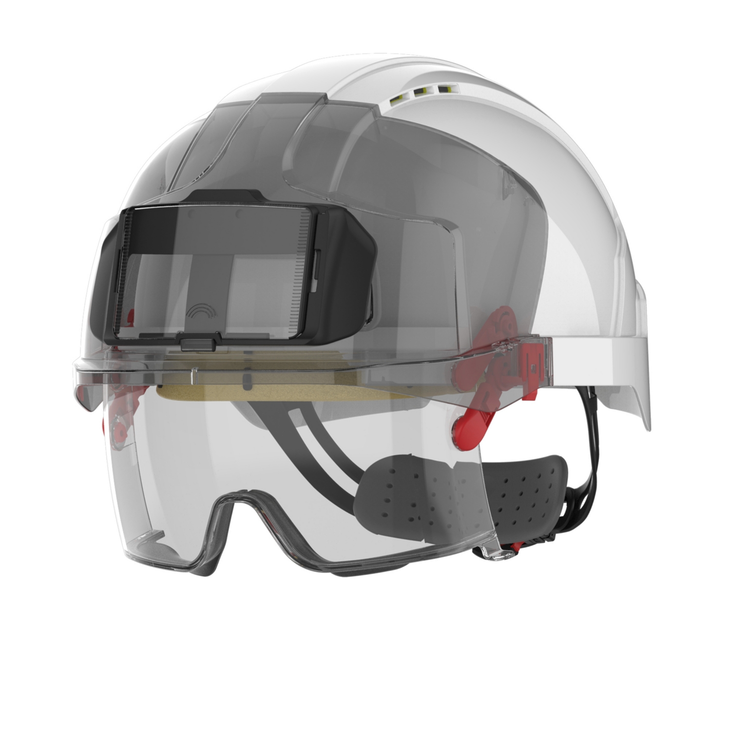 Casque de chantier Evo VistAlens sur-lunettes porte-badge porte-lampe ventilé