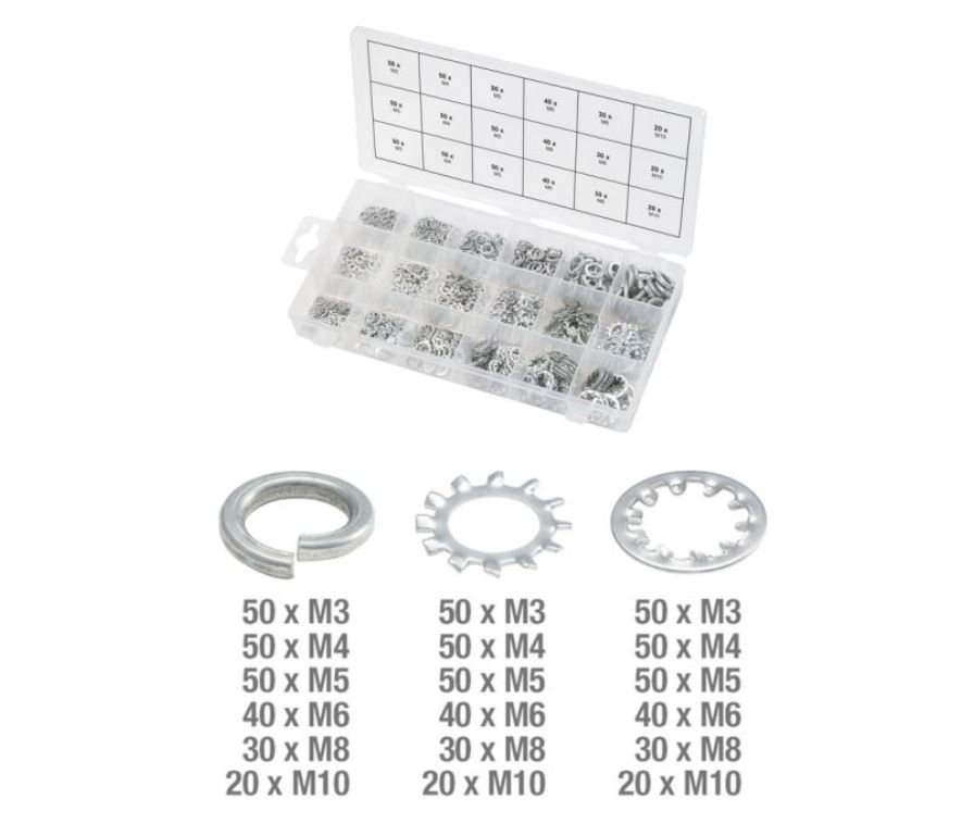 Coffret de 720 pièces - assortiment de rondelles Grower, éventails, et dentées DIN 127 KS Tools