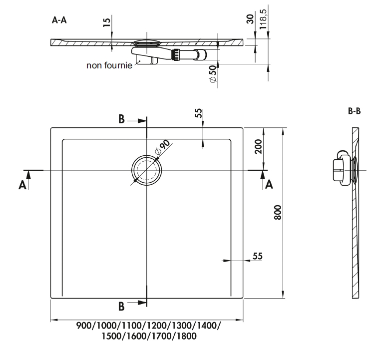 Receveur Space Minéral extra-plat rectangulaire antidérapant à poser ou à encastrer Leda