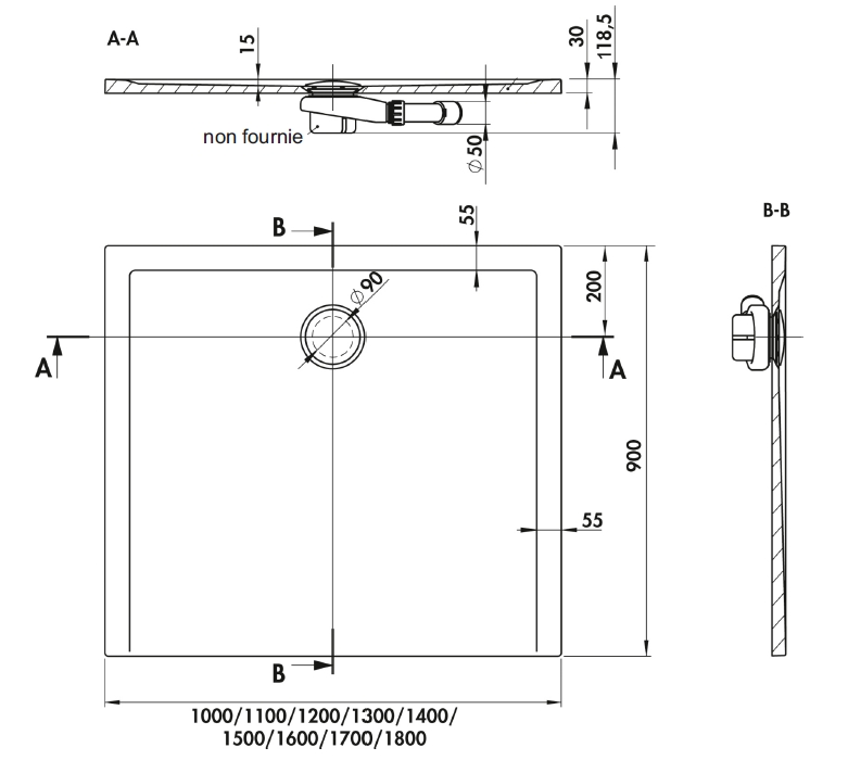 Receveur Space Minéral extra-plat rectangulaire antidérapant à poser ou à encastrer Leda