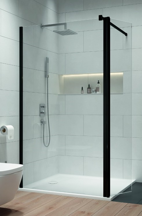 Paroi de douche Arty solution ouverte pour montage avec mobile profil noir mat verre transparent Leda