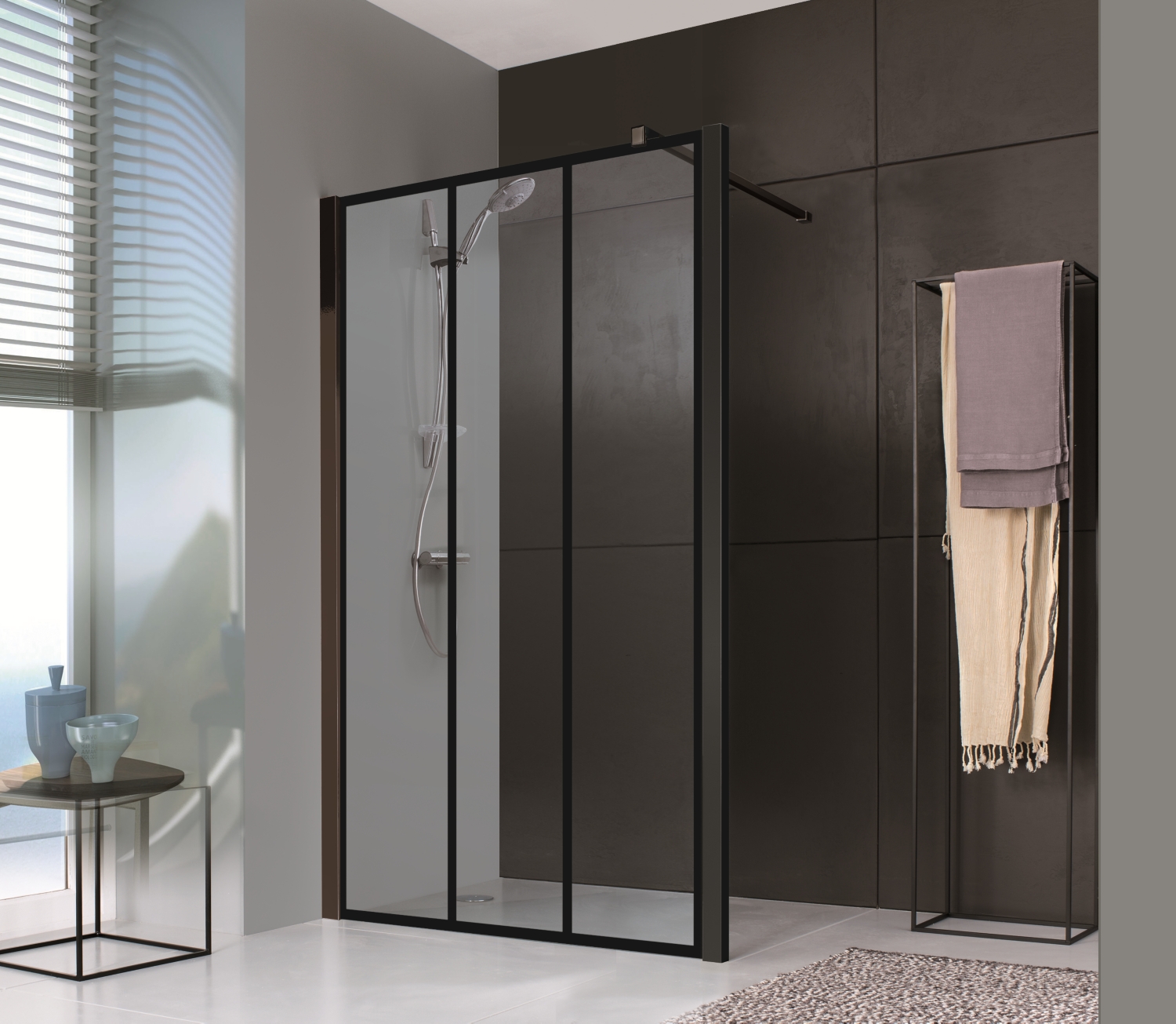 Paroi de douche Jazz+ Style Loft ouverte pour montage seul profil noir mat verre sérigraphié verrière Leda