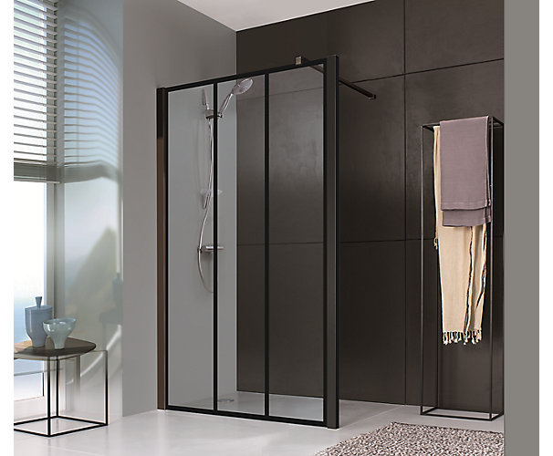 Paroi de douche Jazz+ Style Loft ouverte pour montage seul profil noir mat verre sérigraphié verrière Leda