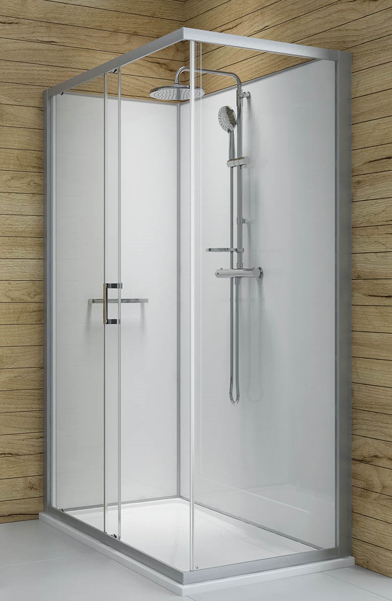 Cabine de douche Kara 2 Minéral Avantage rectangulaire accès de face porte coulissante montage en angle - Fond blanc Leda
