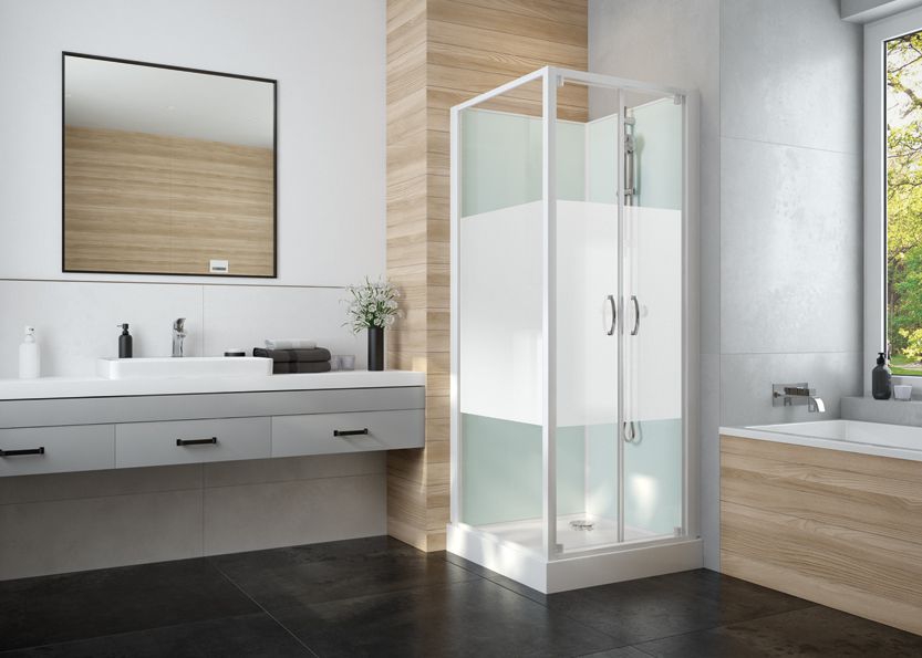 Cabine de douche Iziglass 2 carrée portes battantes verre opaque central - Installation d'angle Leda