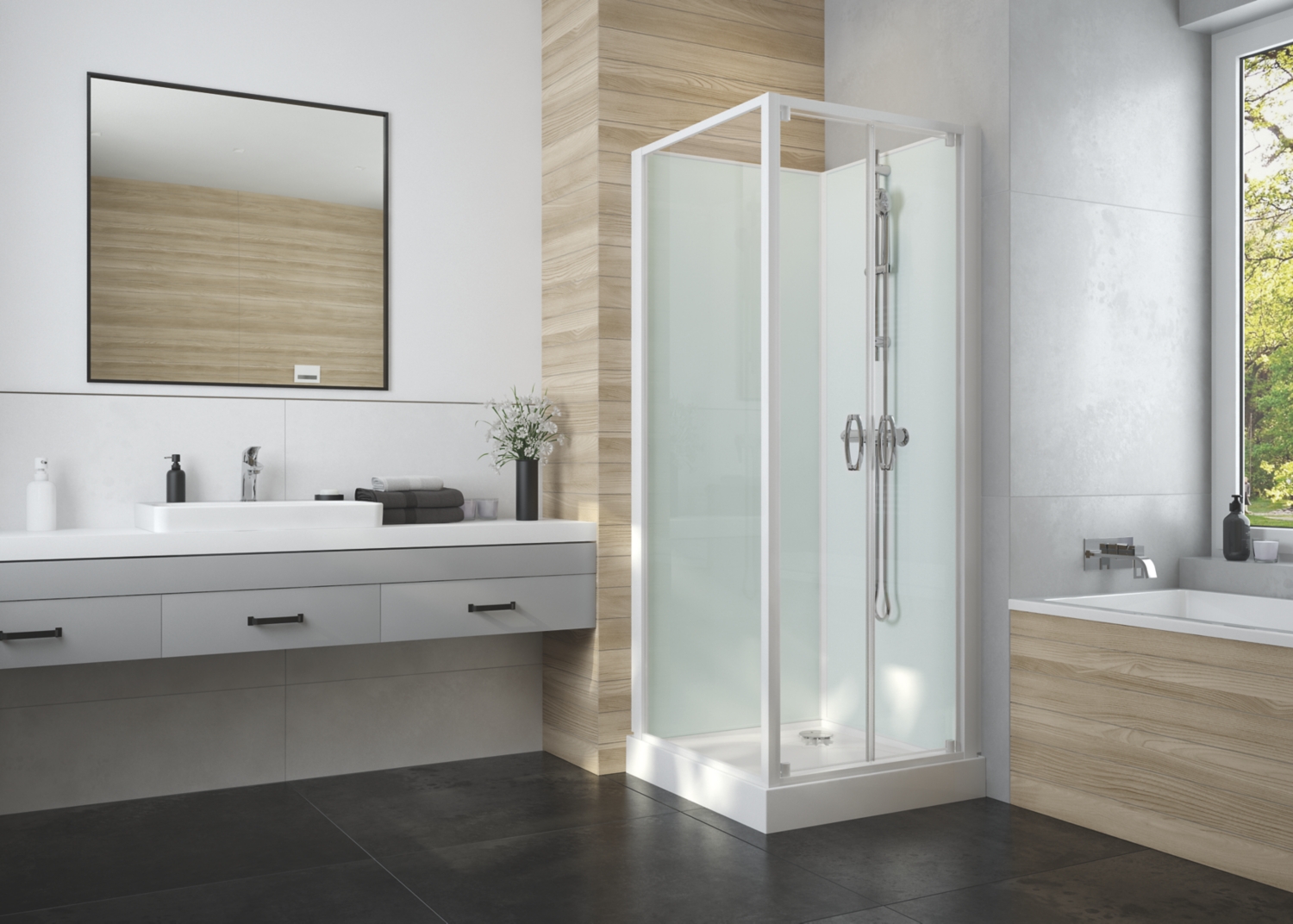 Cabine de douche Izibox 2 Confort rectangulaire portes faces coulissantes verre opaque central Leda