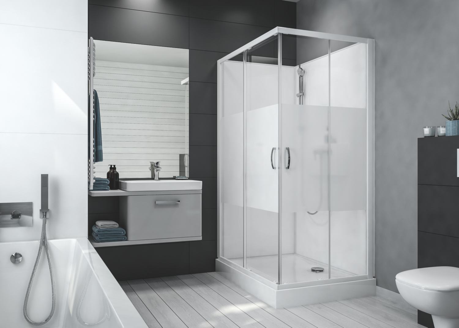 Cabine de douche Izibox 2 Confort carrée portes d'angle coulissantes verre opaque central Leda