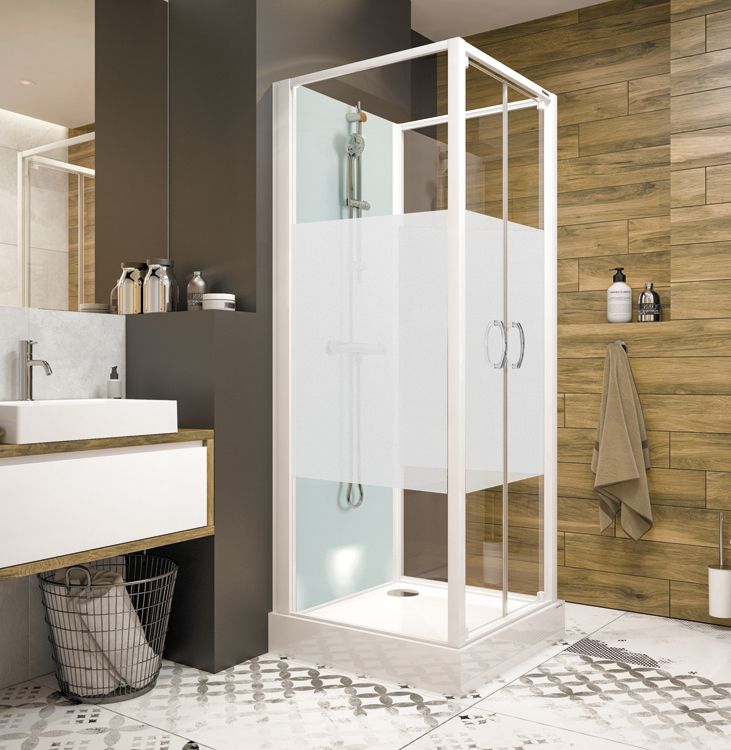 Cabine de douche Iziglass 2 carrée portes battantes verre opaque central - Installation milieu de mur Leda