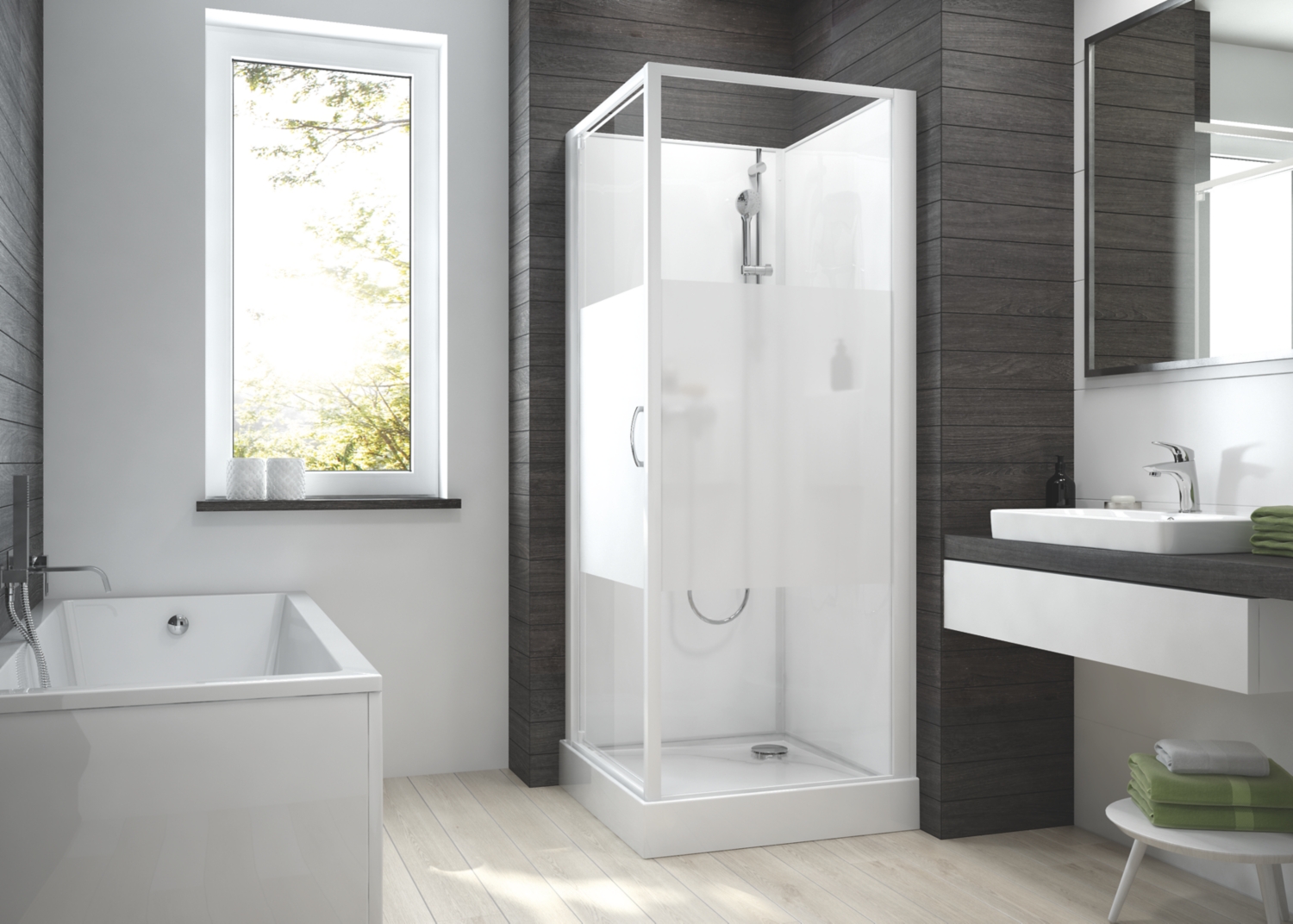 Cabine de douche Izibox 2 Confort carrée - Pivotante verre opaque central Leda