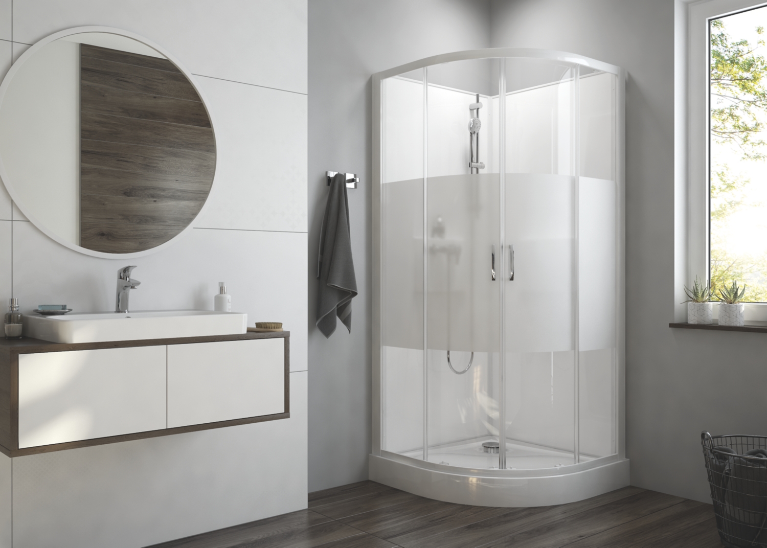 Cabine de douche Izibox 2 Confort 1/4 de rond portes d'angle coulissantes verre opaque central Leda
