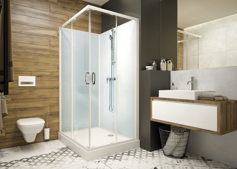 Cabine de douche Iziglass 2 carrée portes d'angle coulissantes verre transparent - Mitigeur mécanique 