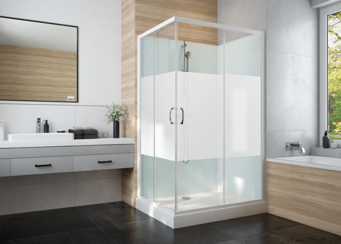 Cabine de douche Iziglass 2 rectangulaire portes d'angle coulissantes verre opaque central Leda