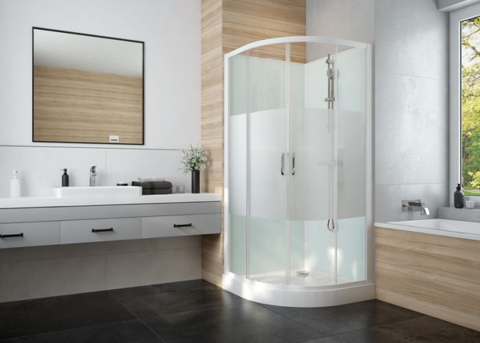 Cabine de douche Iziglass 2 1/4 de rond portes d'angle coulissantes verre opaque central Leda